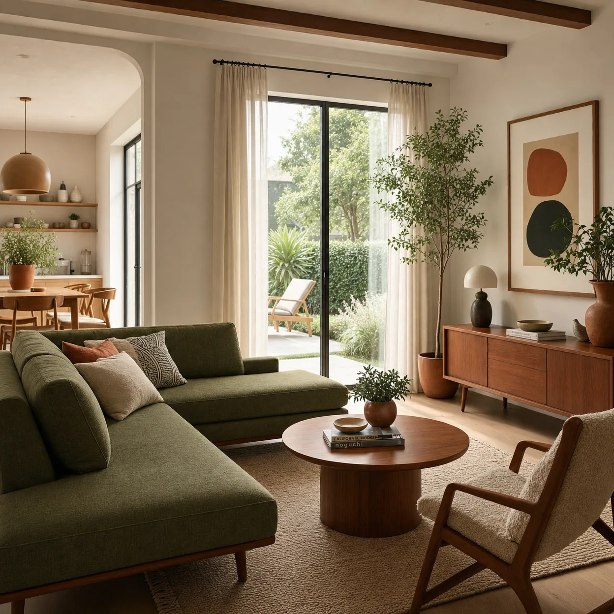 The same living room rendered in traditional style — exposed wood beams, arched shelving, and pottery accents — keeping the room's structure while swapping the look