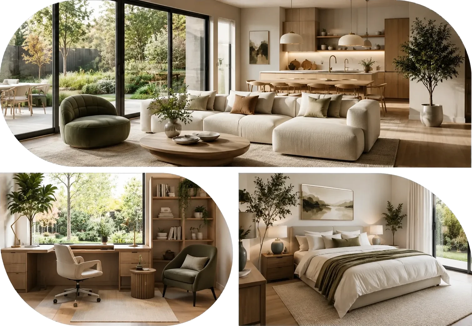 AI-generated floor plan and interior design concepts in multiple styles